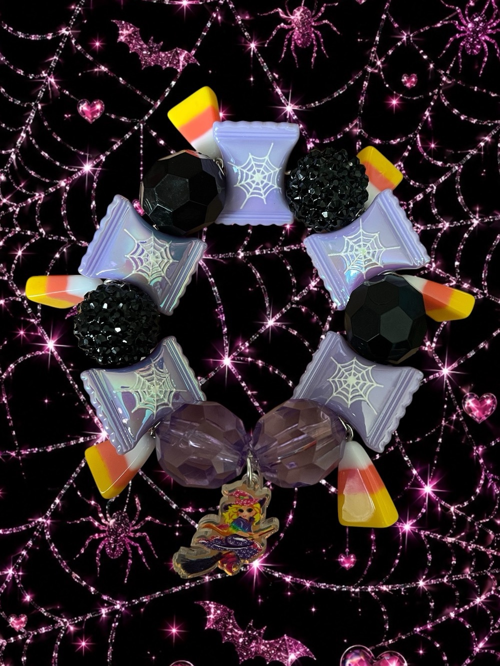 Handmade Halloween Spiderweb Stretch Bracelet - Lavender, Black, Candy Corn